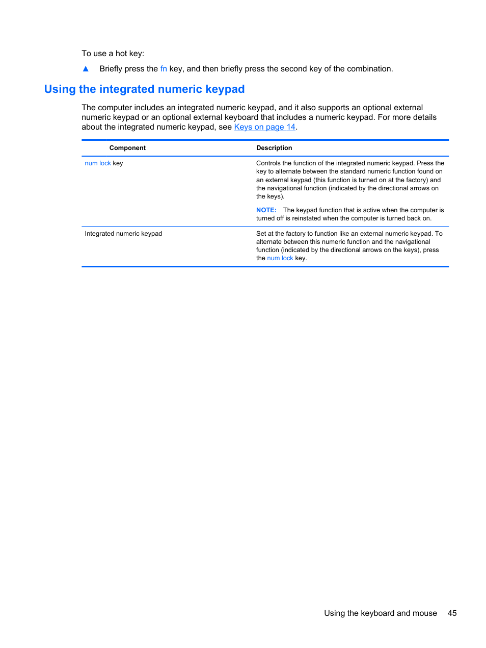 Using the integrated numeric keypad | HP 250 G2 Notebook PC User Manual | Page 55 / 90