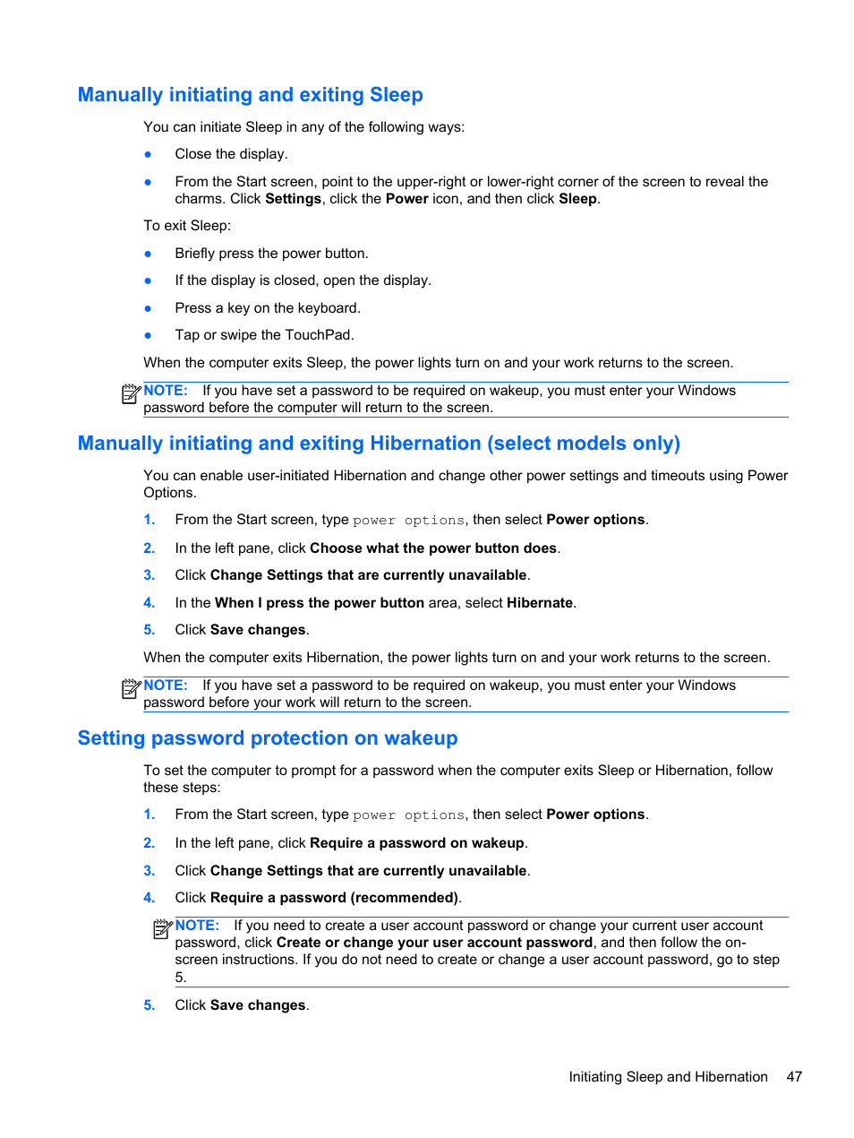 Manually initiating and exiting sleep, Setting password protection on wakeup, Manually | HP 250 G2 Notebook PC User Manual | Page 57 / 90