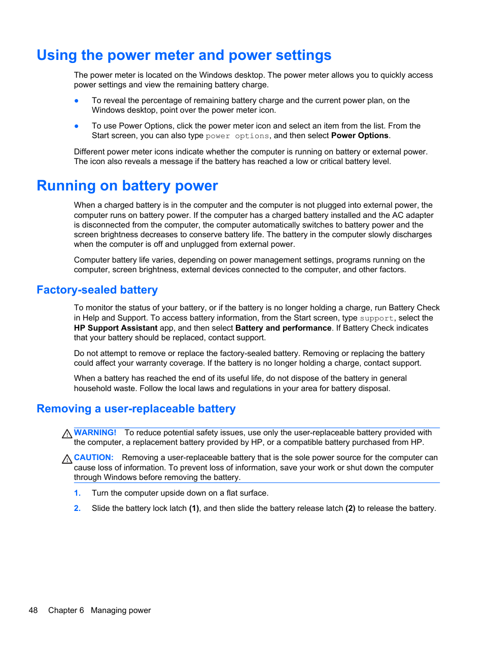 Using the power meter and power settings, Running on battery power, Factory-sealed battery | Removing a user-replaceable battery | HP 250 G2 Notebook PC User Manual | Page 58 / 90