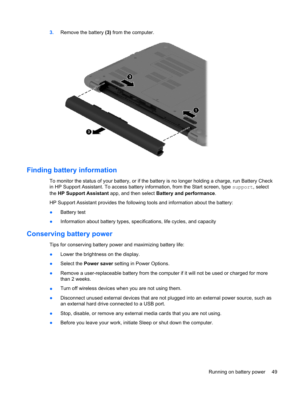 Finding battery information, Conserving battery power | HP 250 G2 Notebook PC User Manual | Page 59 / 90