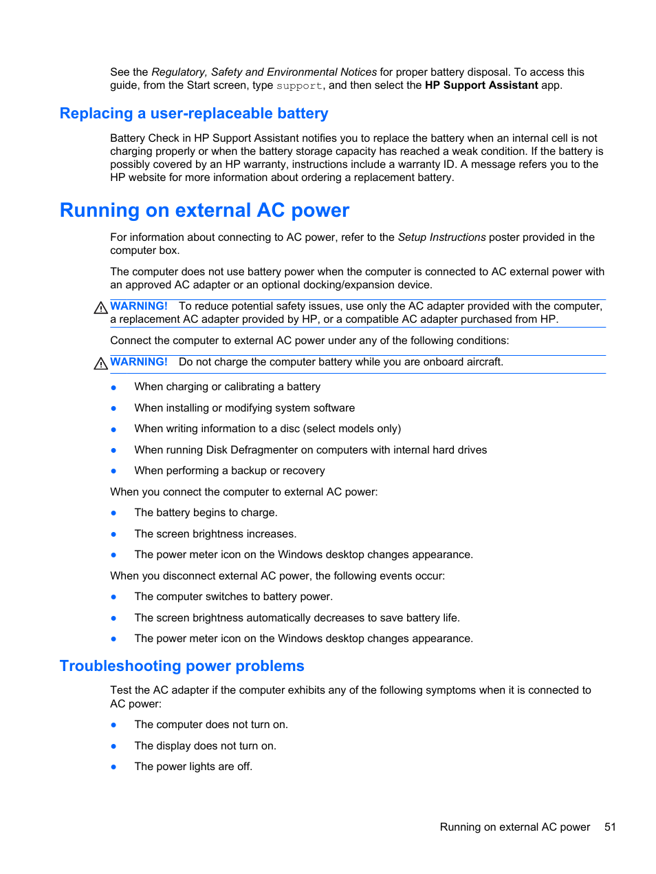 Replacing a user-replaceable battery, Running on external ac power, Troubleshooting power problems | HP 250 G2 Notebook PC User Manual | Page 61 / 90