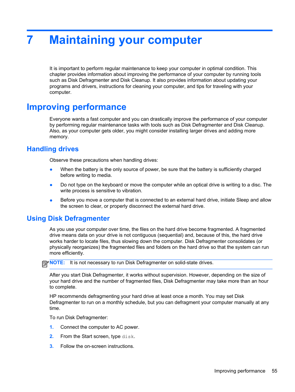 Maintaining your computer, Improving performance, Handling drives | Using disk defragmenter, 7 maintaining your computer, Handling drives using disk defragmenter, 7maintaining your computer | HP 250 G2 Notebook PC User Manual | Page 65 / 90