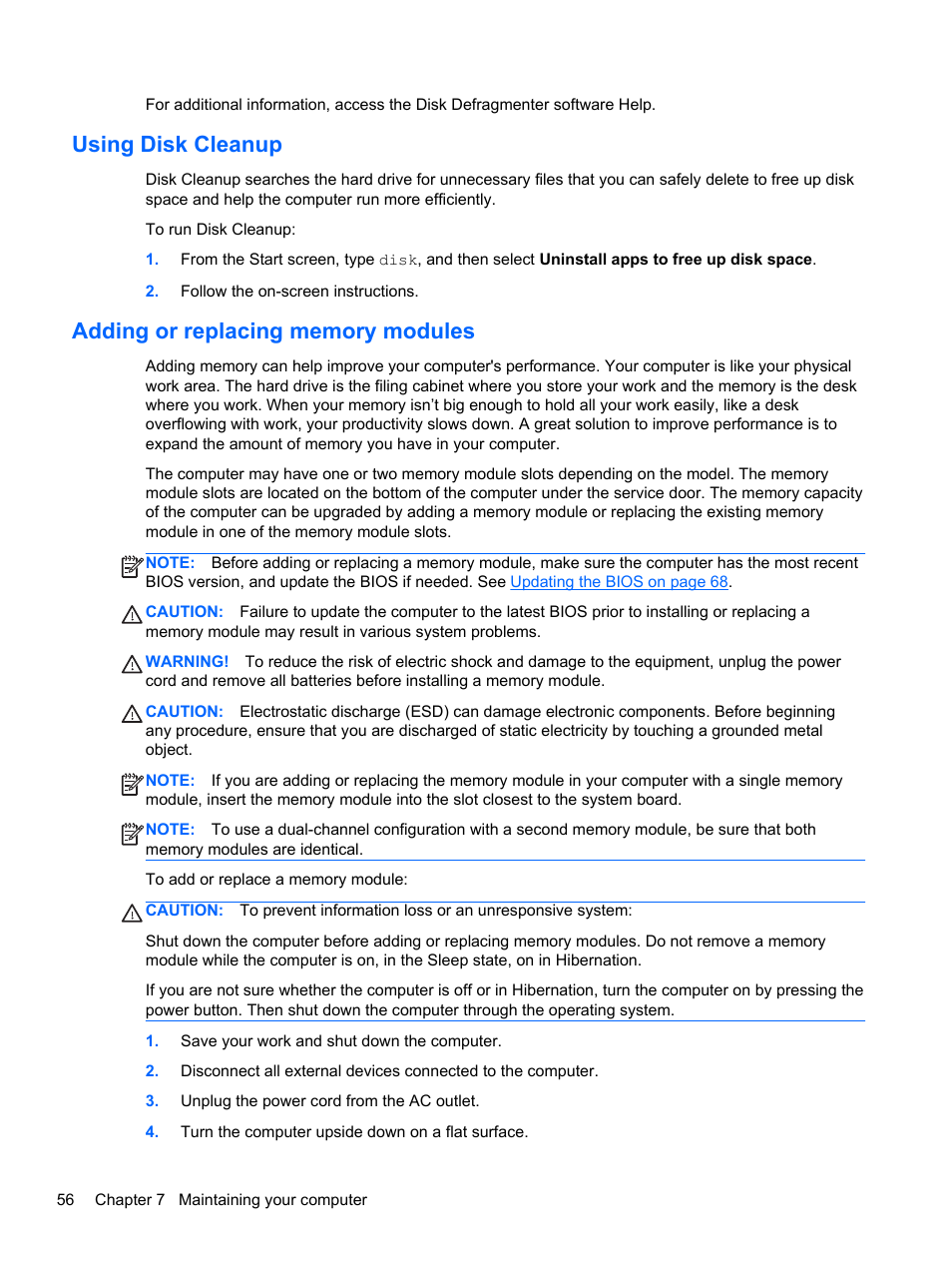 Using disk cleanup, Adding or replacing memory modules | HP 250 G2 Notebook PC User Manual | Page 66 / 90