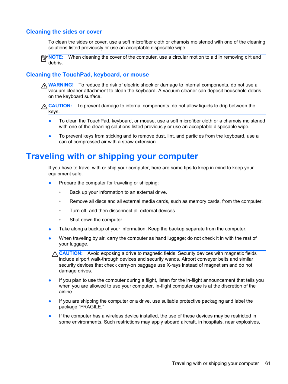 Cleaning the sides or cover, Cleaning the touchpad, keyboard, or mouse, Traveling with or shipping your computer | HP 250 G2 Notebook PC User Manual | Page 71 / 90