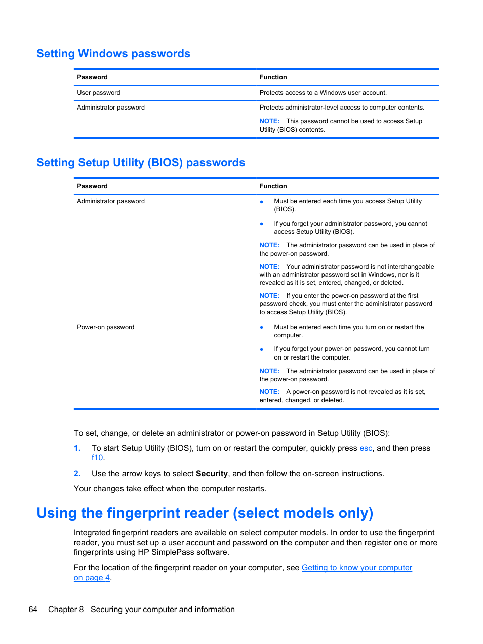 Setting windows passwords, Setting setup utility (bios) passwords, Using the fingerprint reader (select models only) | HP 250 G2 Notebook PC User Manual | Page 74 / 90