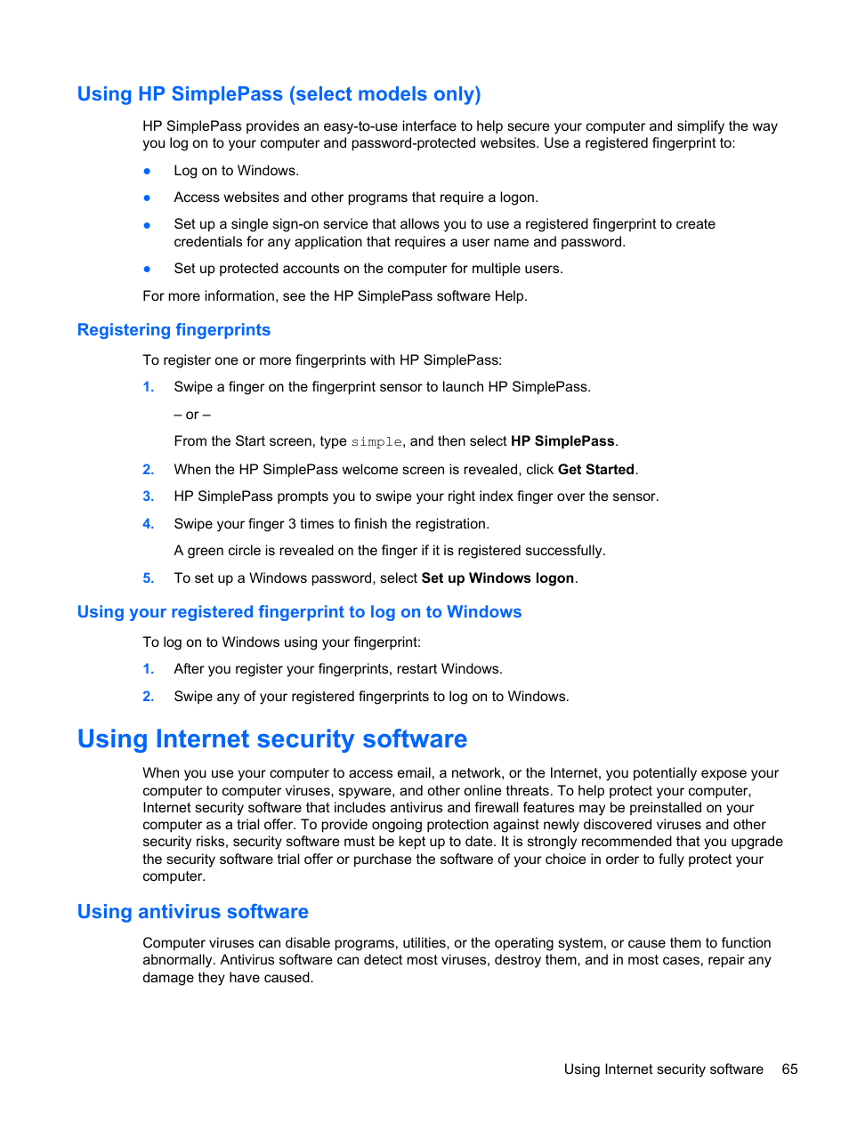 Using hp simplepass (select models only), Registering fingerprints, Using internet security software | Using antivirus software | HP 250 G2 Notebook PC User Manual | Page 75 / 90