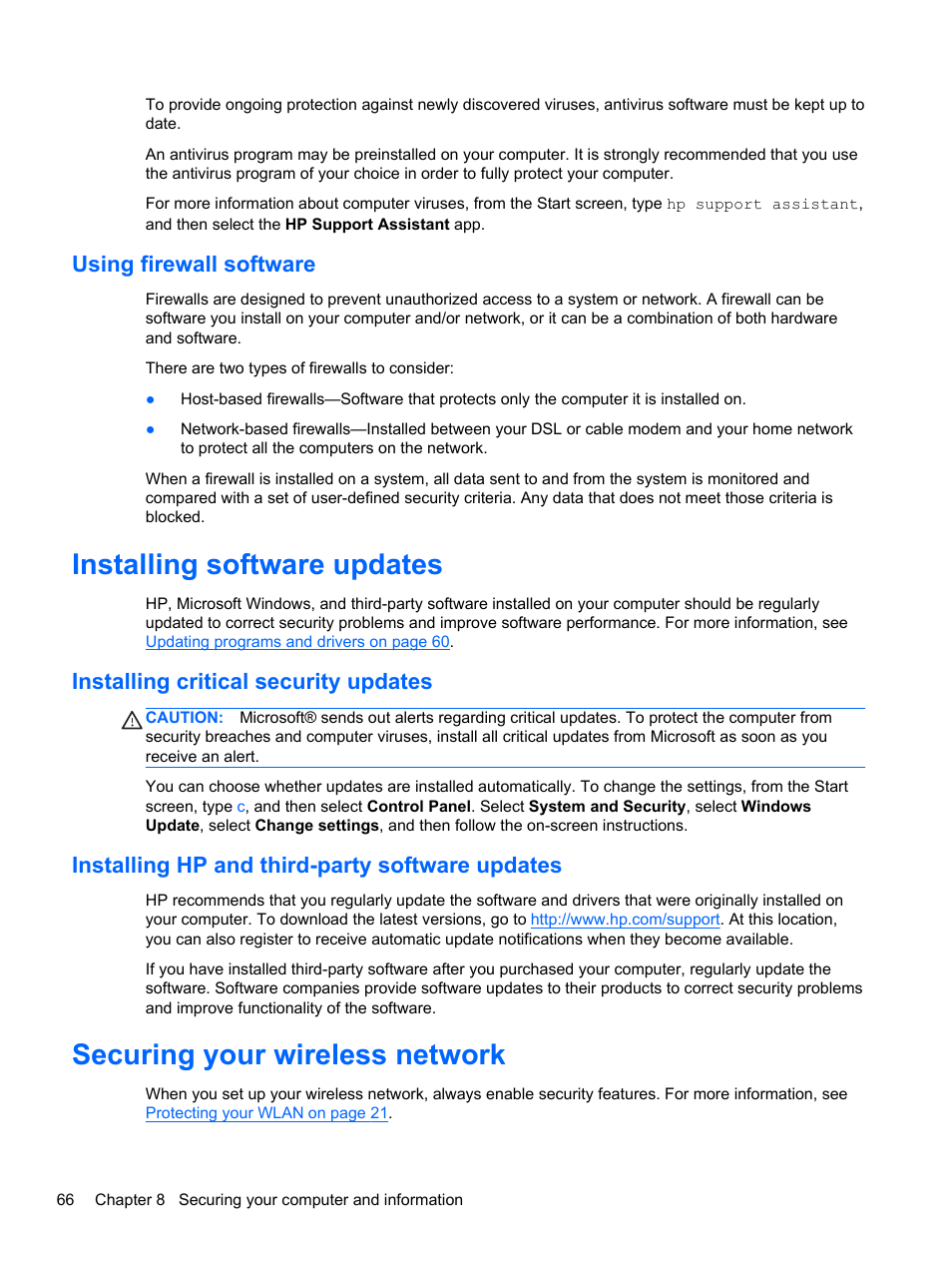 Using firewall software, Installing software updates, Installing critical security updates | Installing hp and third-party software updates, Securing your wireless network | HP 250 G2 Notebook PC User Manual | Page 76 / 90