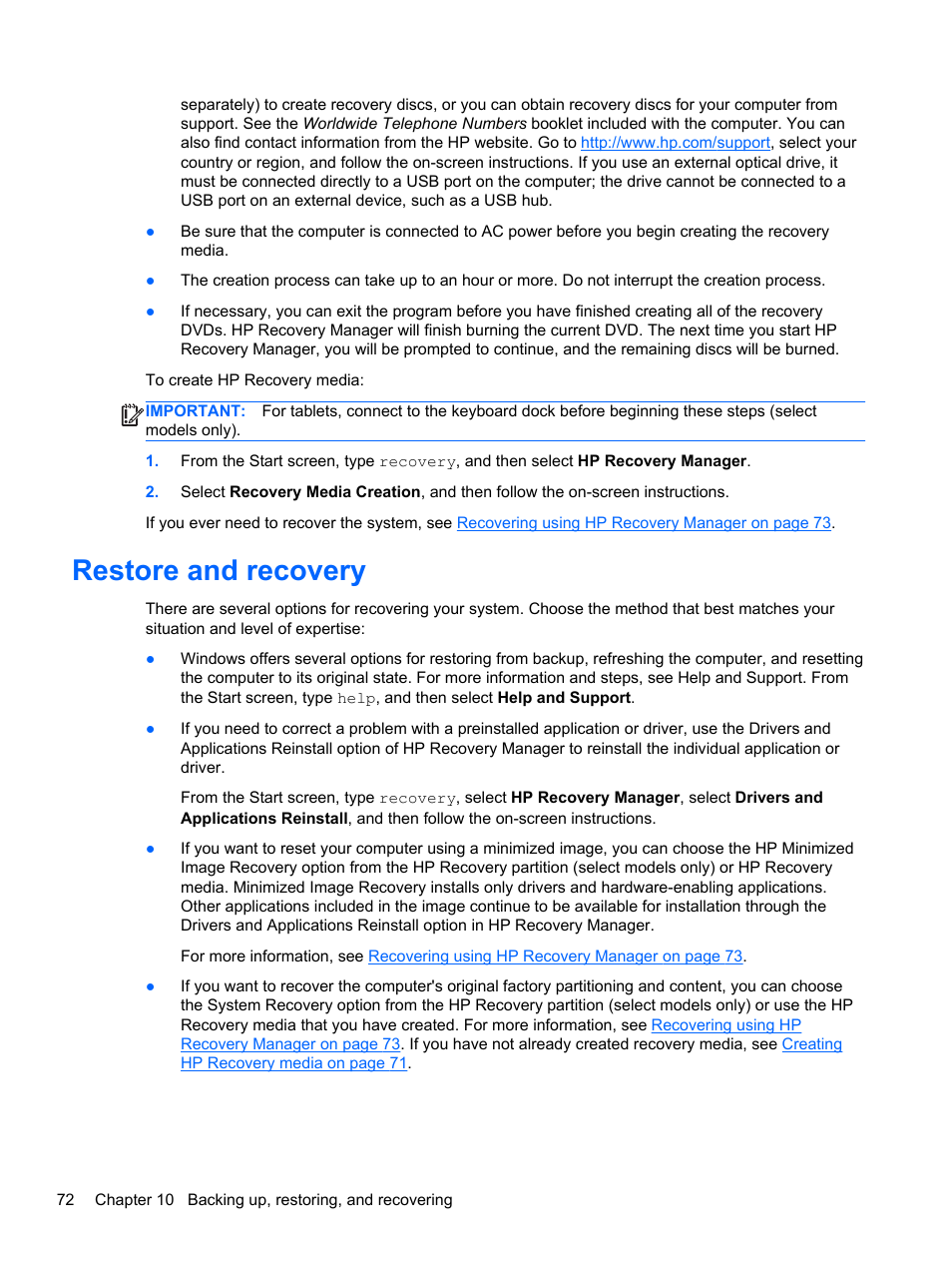Restore and recovery | HP 250 G2 Notebook PC User Manual | Page 82 / 90
