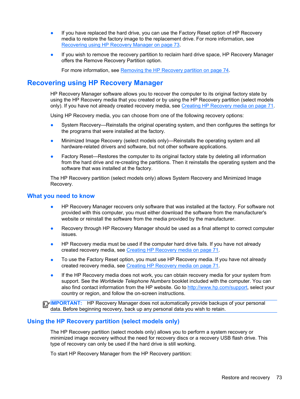 Recovering using hp recovery manager, What you need to know, Recovering using hp | HP 250 G2 Notebook PC User Manual | Page 83 / 90