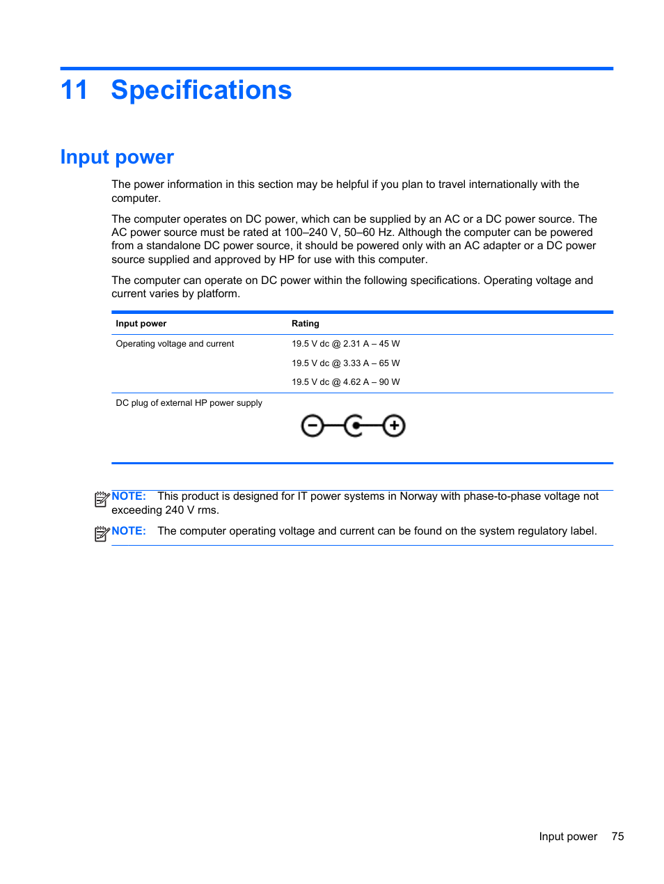 Specifications, Input power, 11 specifications | HP 250 G2 Notebook PC User Manual | Page 85 / 90