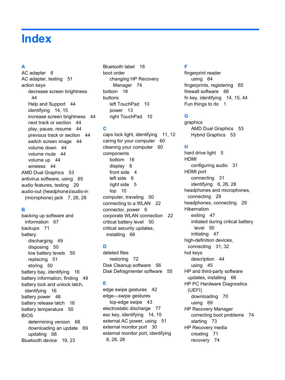 Index | HP 250 G2 Notebook PC User Manual | Page 88 / 90