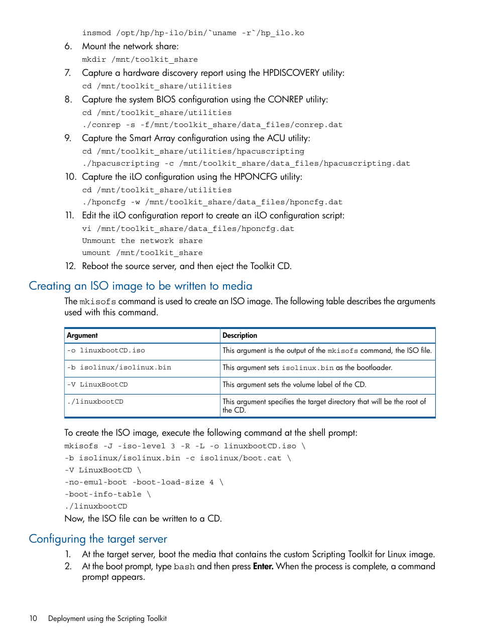 Creating an iso image to be written to media, Configuring the target server | HP Intelligent Provisioning User Manual | Page 10 / 68