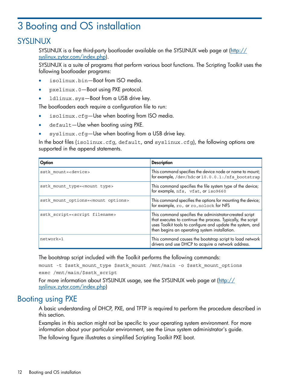 3 booting and os installation, Syslinux, Booting using pxe | Syslinux booting using pxe | HP Intelligent Provisioning User Manual | Page 12 / 68
