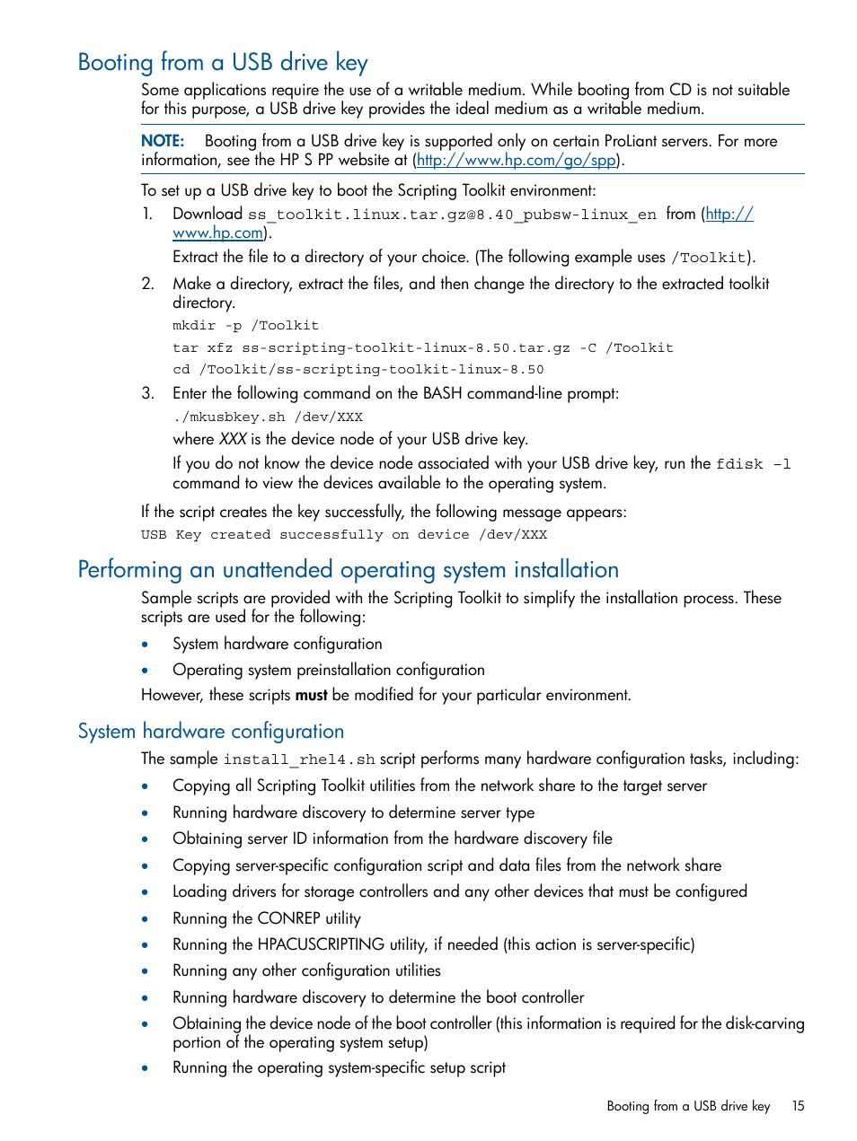 Booting from a usb drive key, System hardware configuration | HP Intelligent Provisioning User Manual | Page 15 / 68