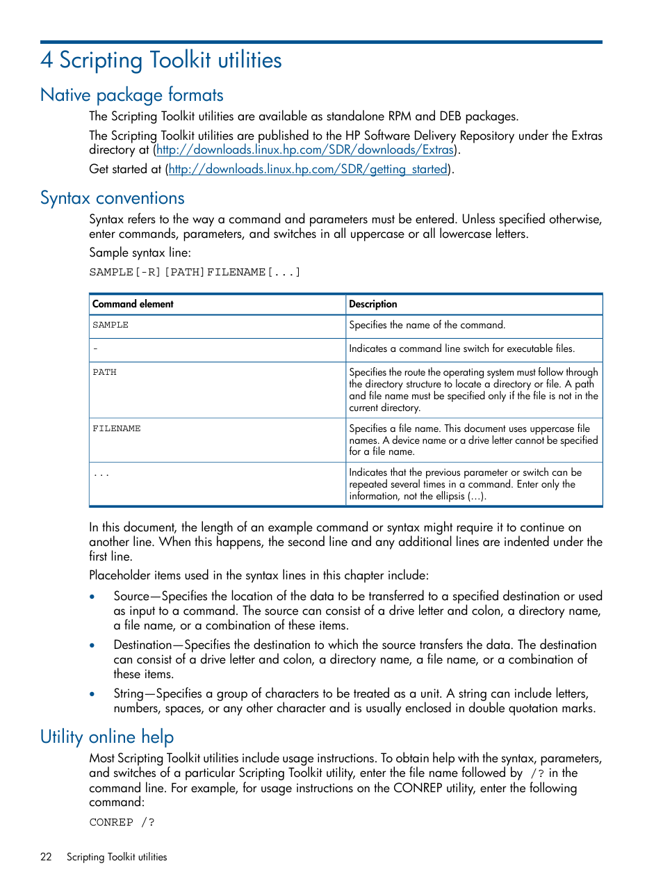 4 scripting toolkit utilities, Native package formats, Syntax conventions | Utility online help | HP Intelligent Provisioning User Manual | Page 22 / 68