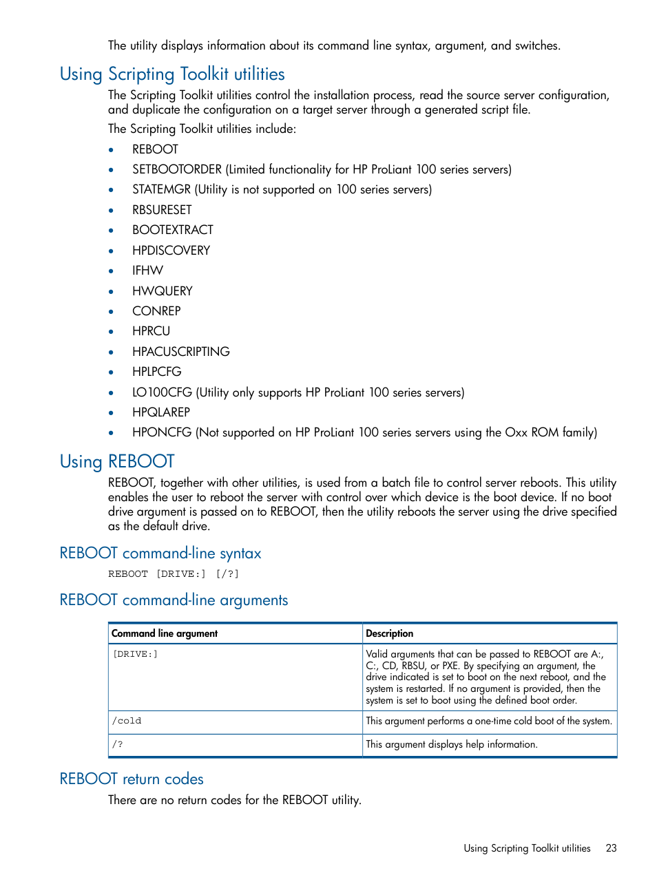 Using scripting toolkit utilities, Using reboot, Reboot command-line syntax | Reboot command-line arguments, Reboot return codes, Using scripting toolkit utilities using reboot | HP Intelligent Provisioning User Manual | Page 23 / 68
