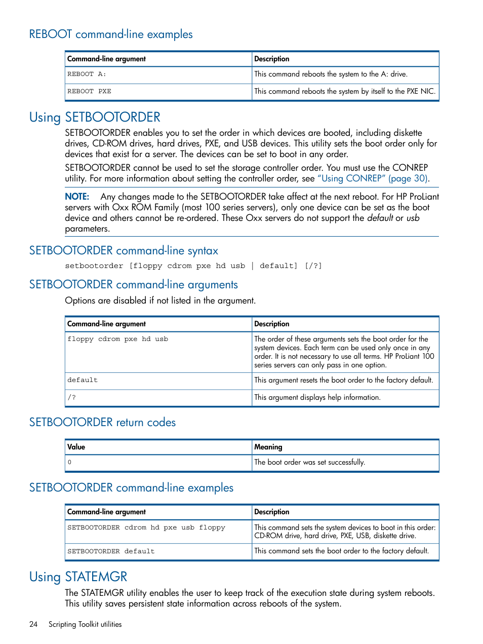 Reboot command-line examples, Using setbootorder, Setbootorder command-line syntax | Setbootorder command-line arguments, Setbootorder return codes, Setbootorder command-line examples, Using statemgr | HP Intelligent Provisioning User Manual | Page 24 / 68