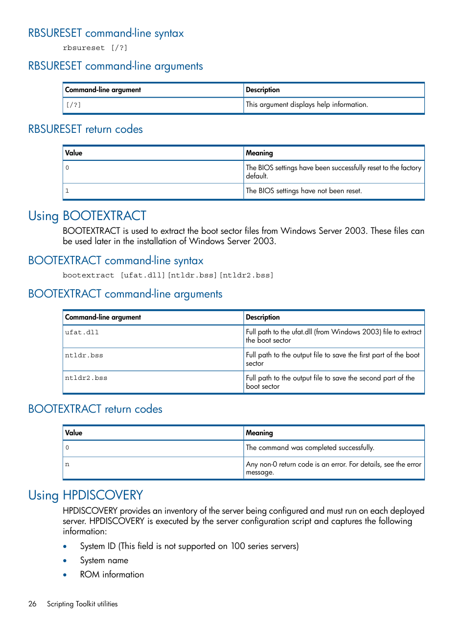 Rbsureset command-line syntax, Rbsureset command-line arguments, Rbsureset return codes | Using bootextract, Bootextract command-line syntax, Bootextract command-line arguments, Bootextract return codes, Using hpdiscovery | HP Intelligent Provisioning User Manual | Page 26 / 68