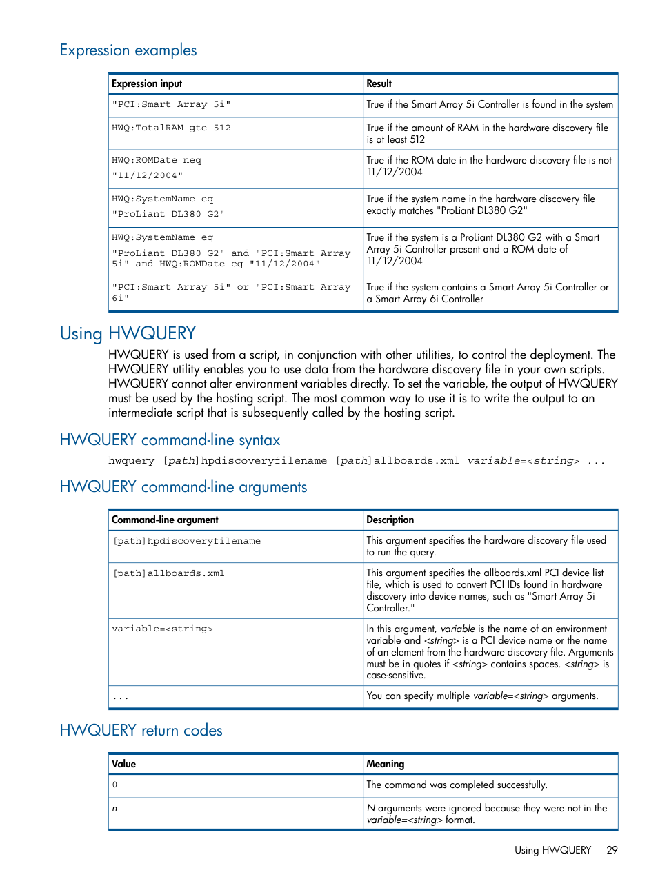 Expression examples, Using hwquery, Hwquery command-line syntax | Hwquery command-line arguments, Hwquery return codes | HP Intelligent Provisioning User Manual | Page 29 / 68