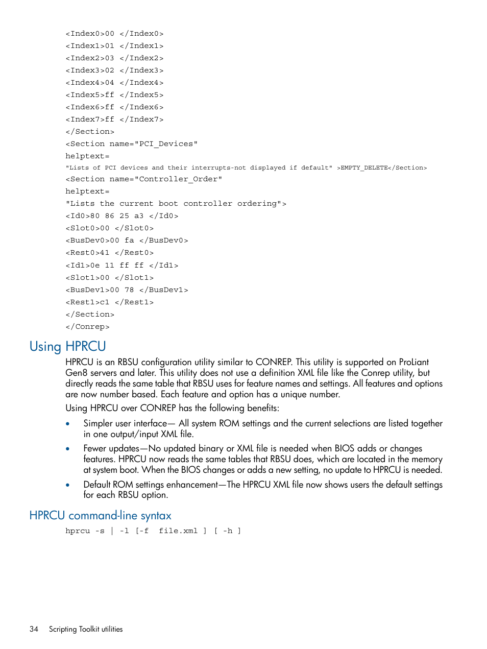 Using hprcu, Hprcu command-line syntax | HP Intelligent Provisioning User Manual | Page 34 / 68