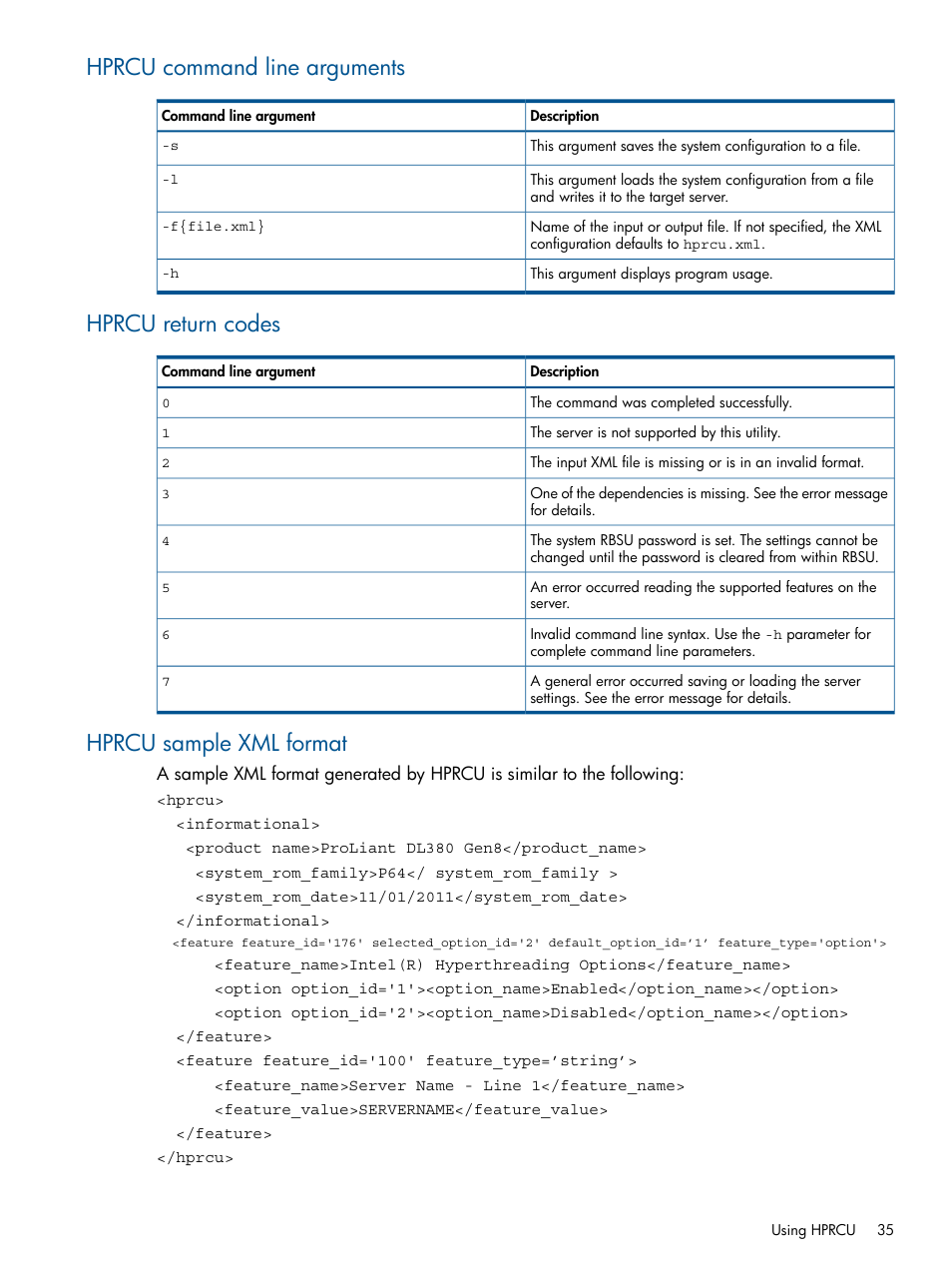Hprcu command line arguments, Hprcu return codes, Hprcu sample xml format | HP Intelligent Provisioning User Manual | Page 35 / 68
