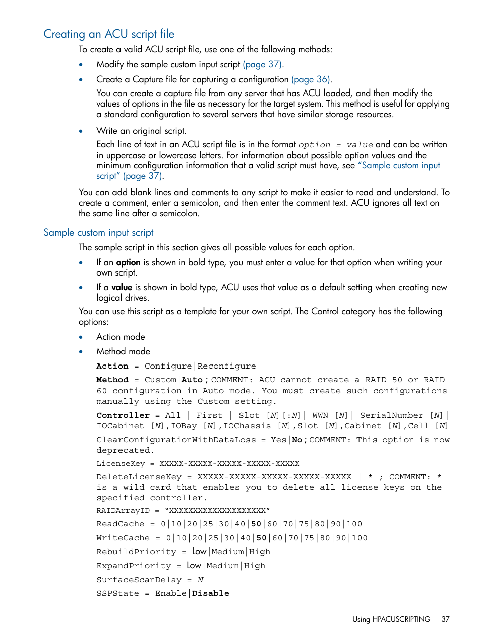 Creating an acu script file, Sample custom input script, Creating an acu | HP Intelligent Provisioning User Manual | Page 37 / 68