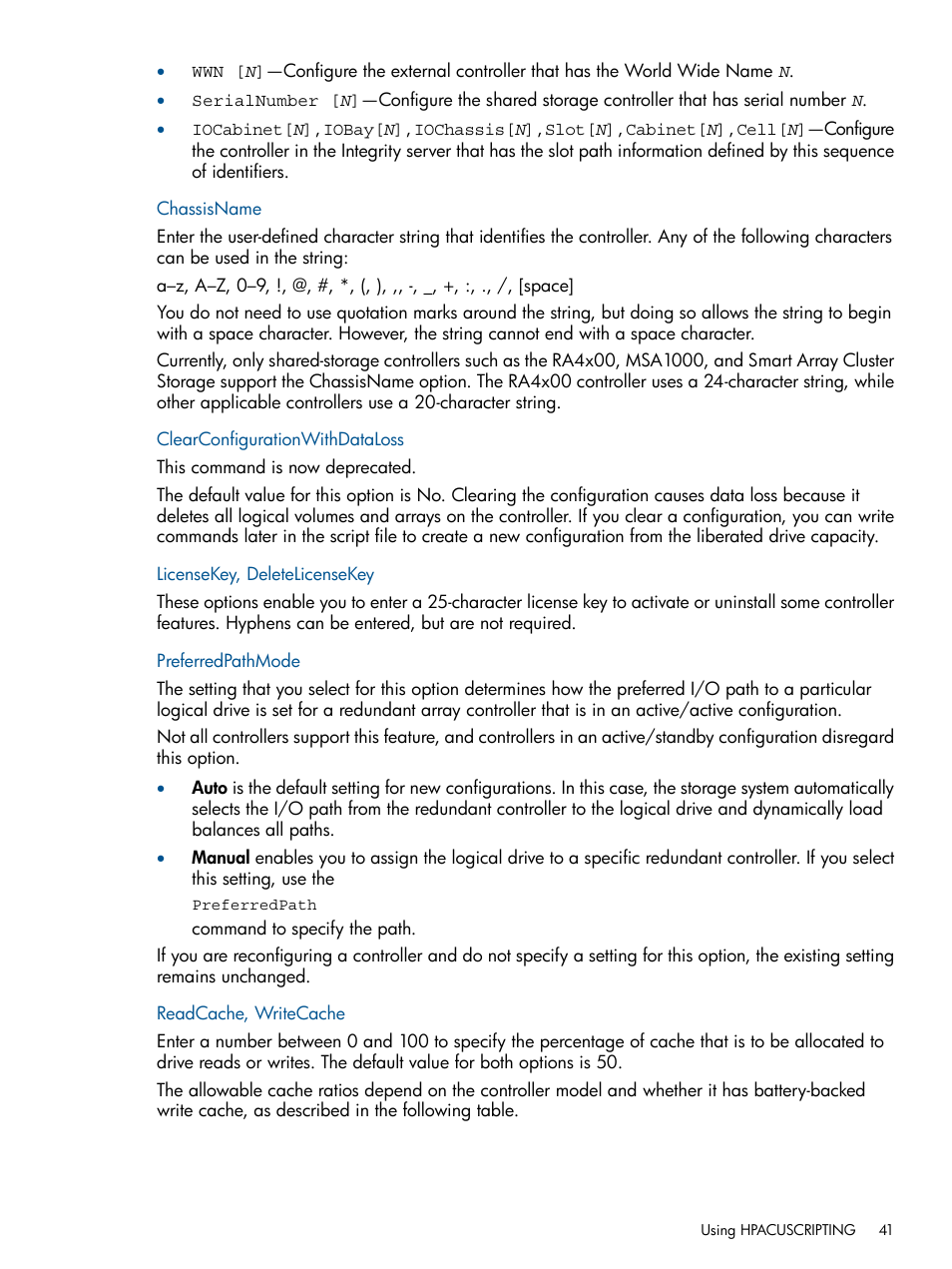 Chassisname, Clearconfigurationwithdataloss, Licensekey, deletelicensekey | Preferredpathmode, Readcache, writecache | HP Intelligent Provisioning User Manual | Page 41 / 68