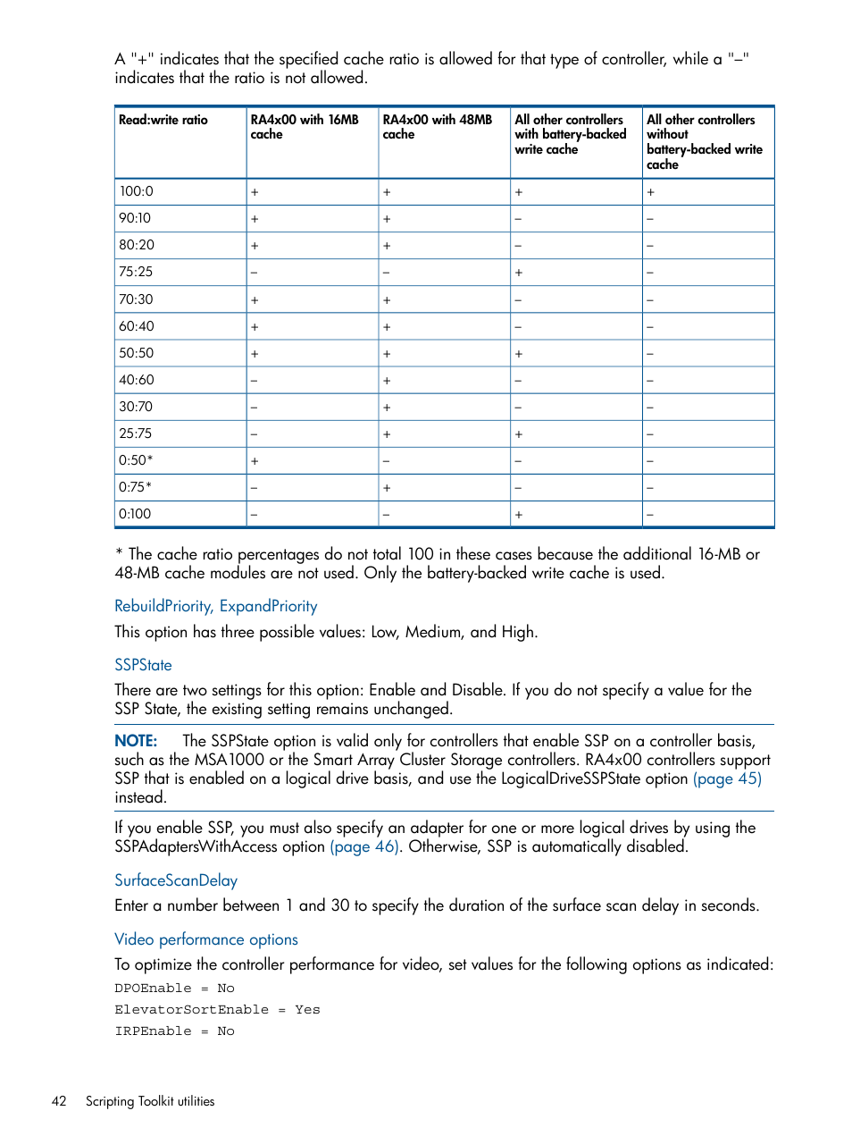 Rebuildpriority, expandpriority, Sspstate, Surfacescandelay | Video performance options | HP Intelligent Provisioning User Manual | Page 42 / 68