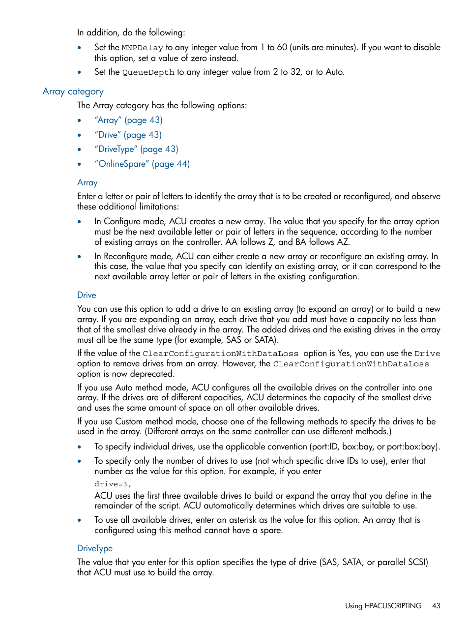 Array category, Array, Drive | Drivetype, Drive drivetype | HP Intelligent Provisioning User Manual | Page 43 / 68
