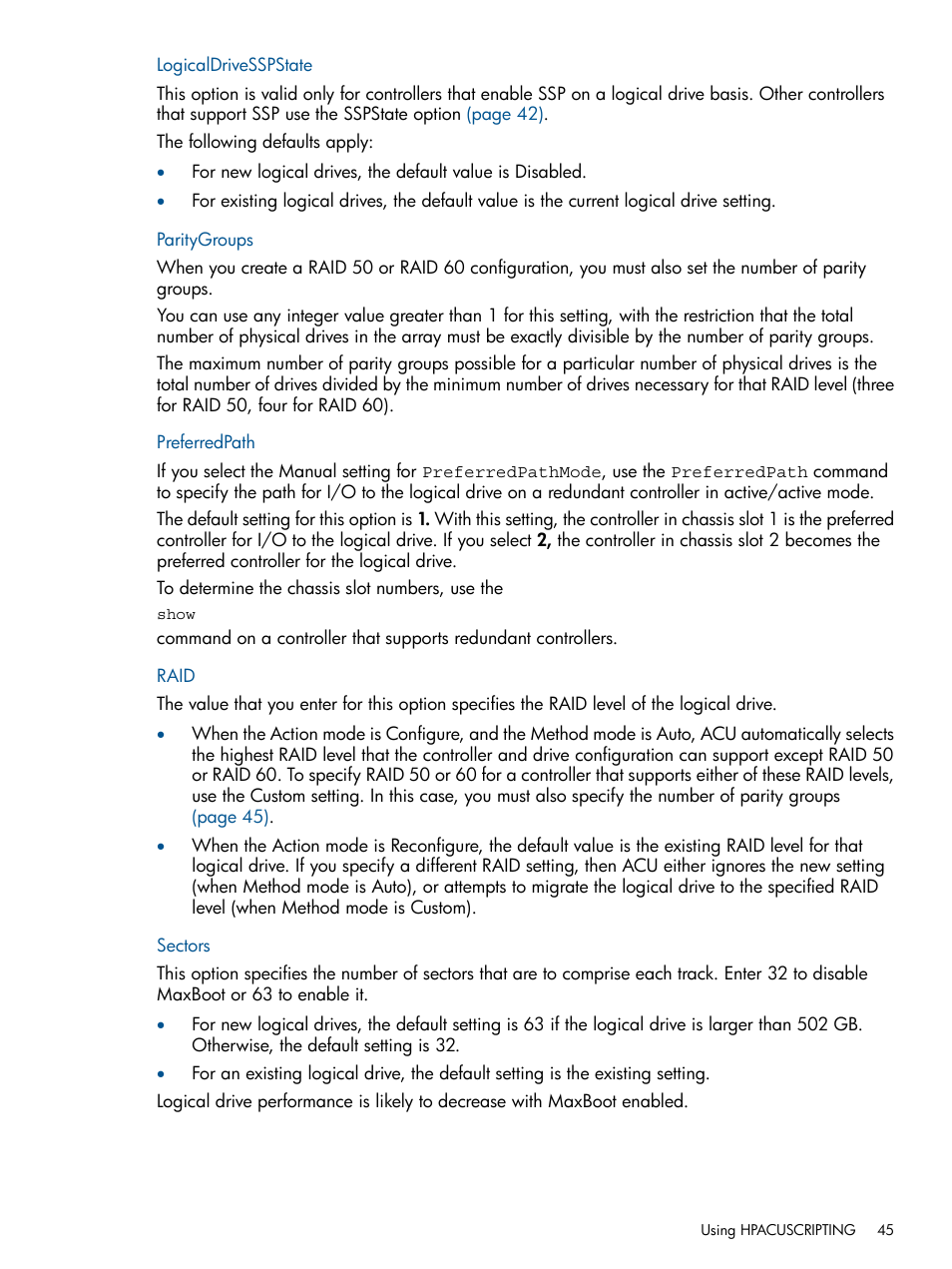 Logicaldrivesspstate, Paritygroups, Preferredpath | Raid, Sectors | HP Intelligent Provisioning User Manual | Page 45 / 68