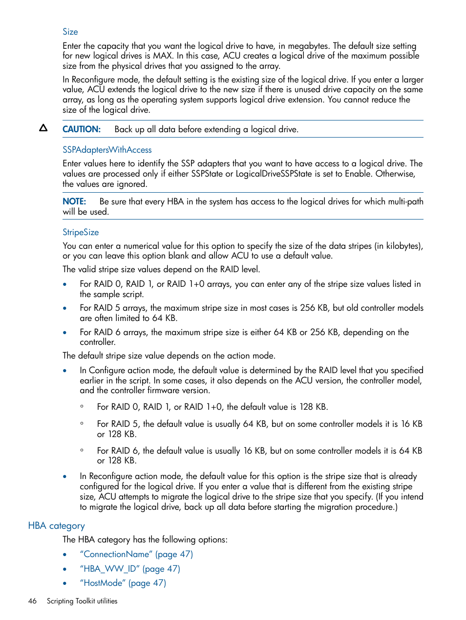 Size, Sspadapterswithaccess, Stripesize | Hba category, Size sspadapterswithaccess stripesize | HP Intelligent Provisioning User Manual | Page 46 / 68