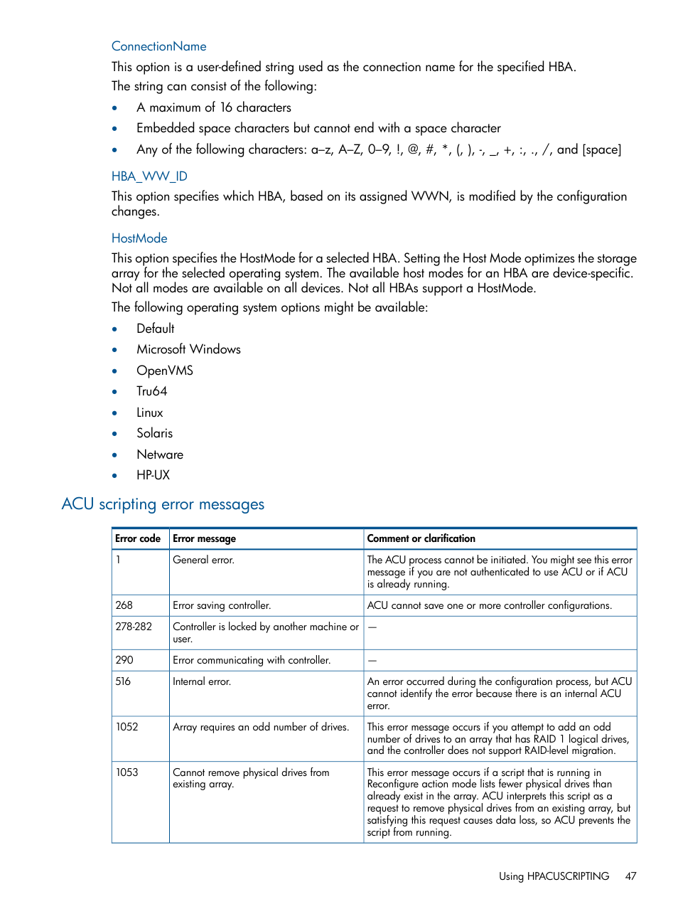 Connectionname, Hba_ww_id, Hostmode | Acu scripting error messages, Connectionname hba_ww_id hostmode | HP Intelligent Provisioning User Manual | Page 47 / 68