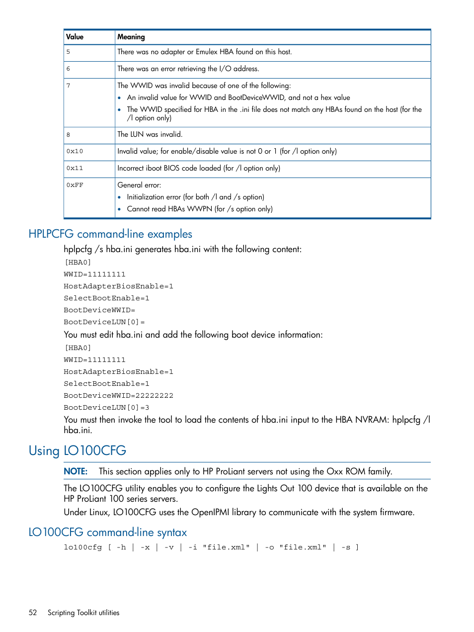 Hplpcfg command-line examples, Using lo100cfg, Lo100cfg command-line syntax | HP Intelligent Provisioning User Manual | Page 52 / 68