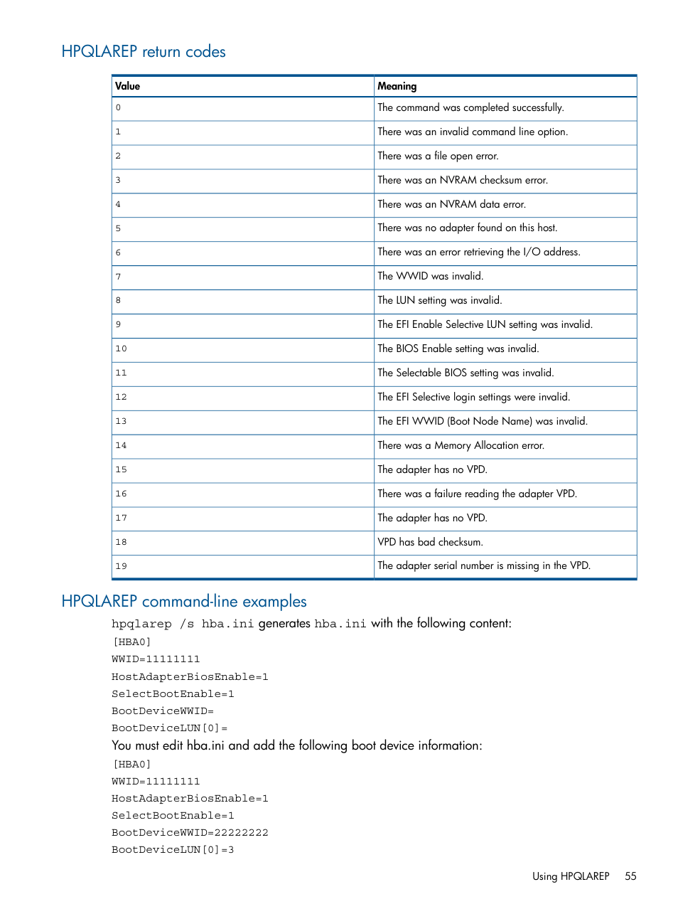 Hpqlarep return codes, Hpqlarep command-line examples | HP Intelligent Provisioning User Manual | Page 55 / 68