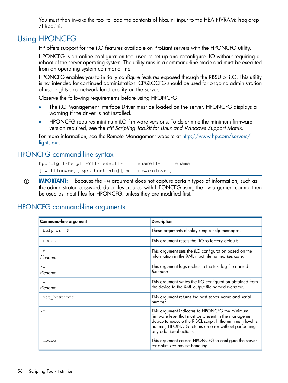 Using hponcfg, Hponcfg command-line syntax, Hponcfg command-line arguments | HP Intelligent Provisioning User Manual | Page 56 / 68