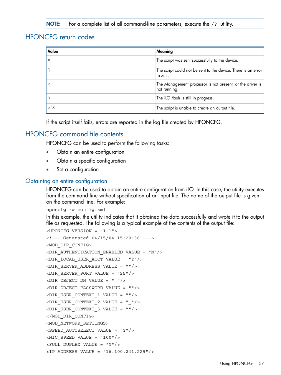 Hponcfg return codes, Hponcfg command file contents, Obtaining an entire configuration | Hponcfg return codes hponcfg command file contents | HP Intelligent Provisioning User Manual | Page 57 / 68