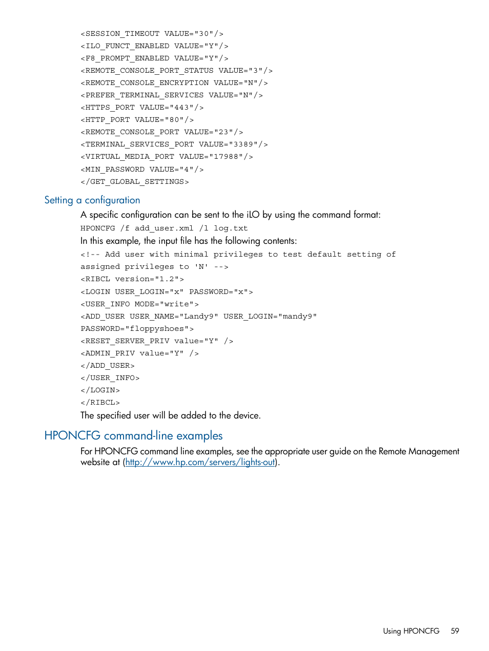 Setting a configuration, Hponcfg command-line examples | HP Intelligent Provisioning User Manual | Page 59 / 68