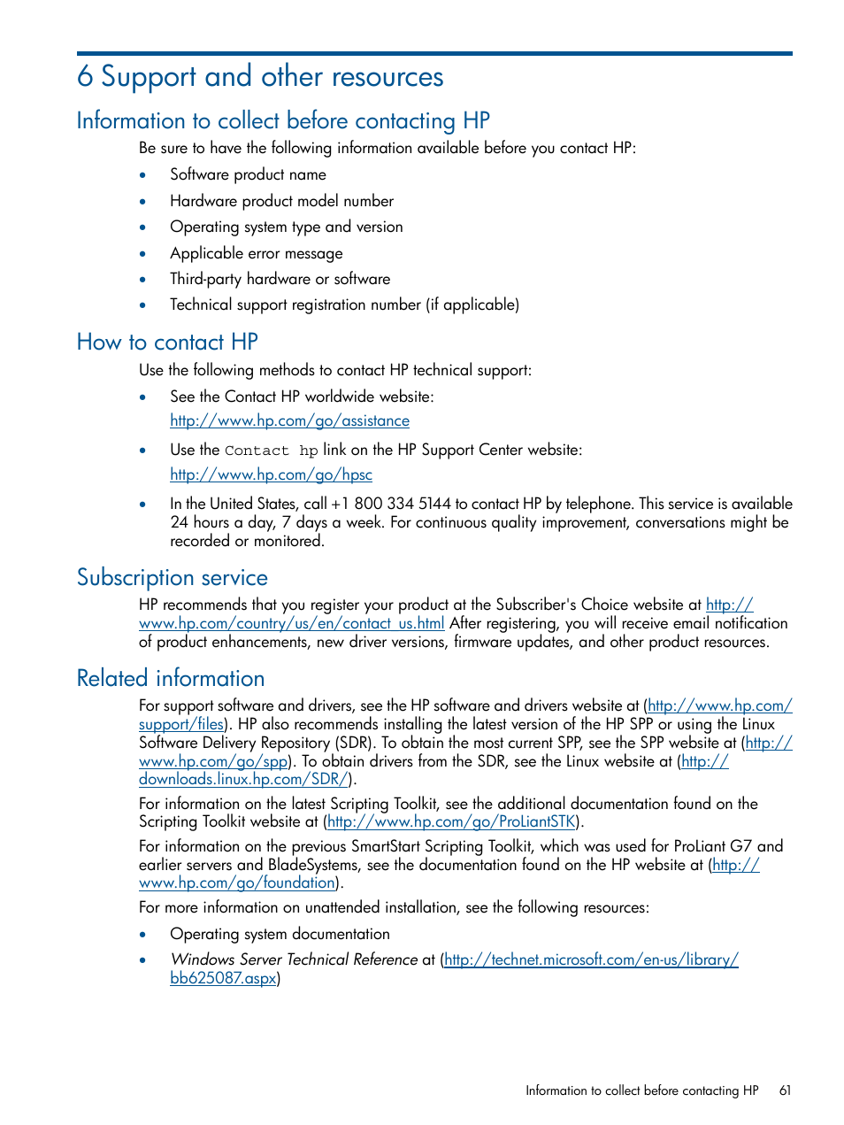 6 support and other resources, Information to collect before contacting hp, How to contact hp | Subscription service, Related information | HP Intelligent Provisioning User Manual | Page 61 / 68