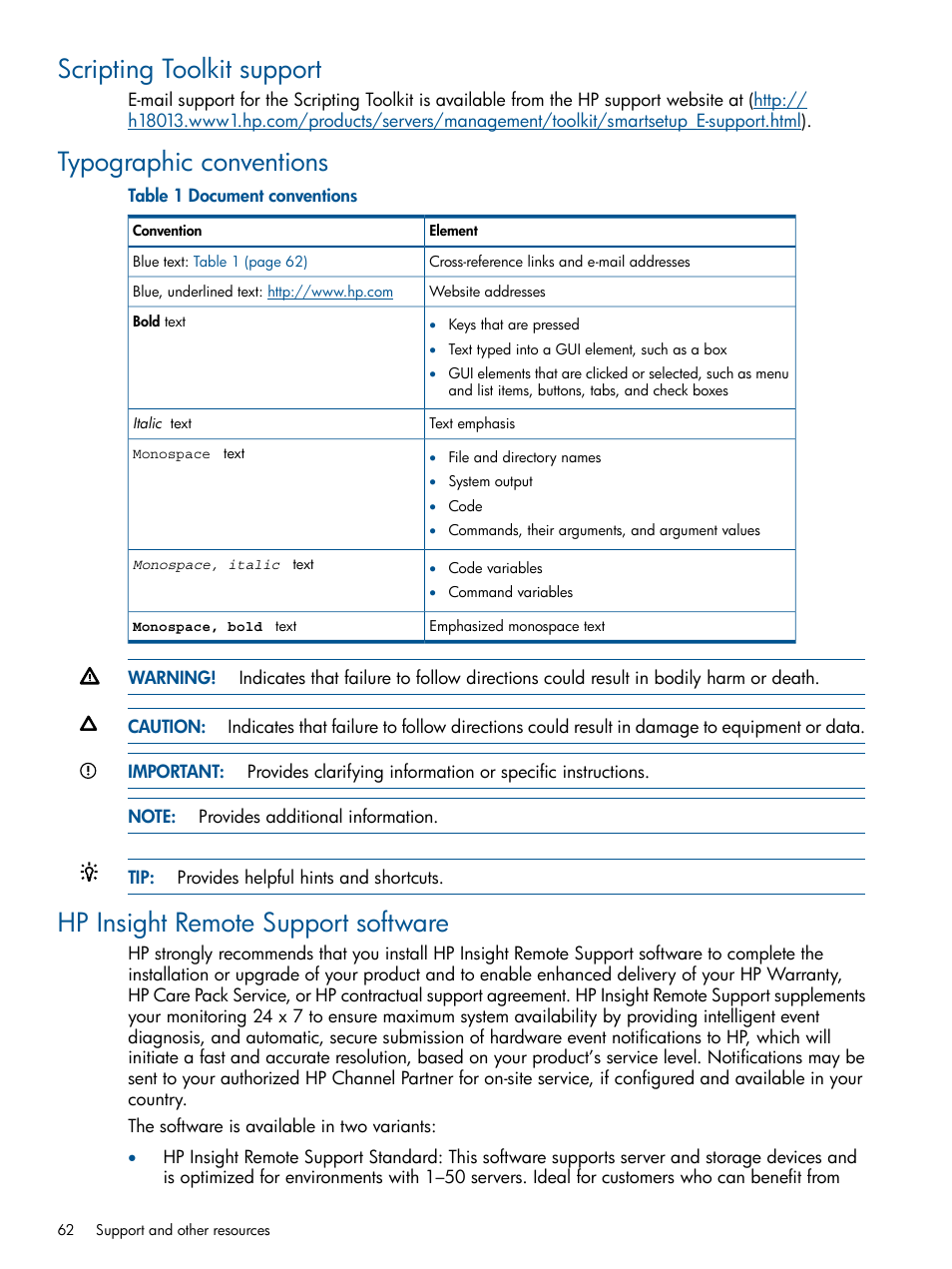 Scripting toolkit support, Typographic conventions, Hp insight remote support software | HP Intelligent Provisioning User Manual | Page 62 / 68
