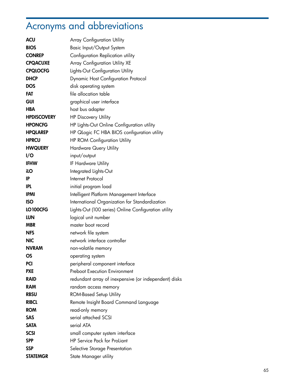 Acronyms and abbreviations | HP Intelligent Provisioning User Manual | Page 65 / 68