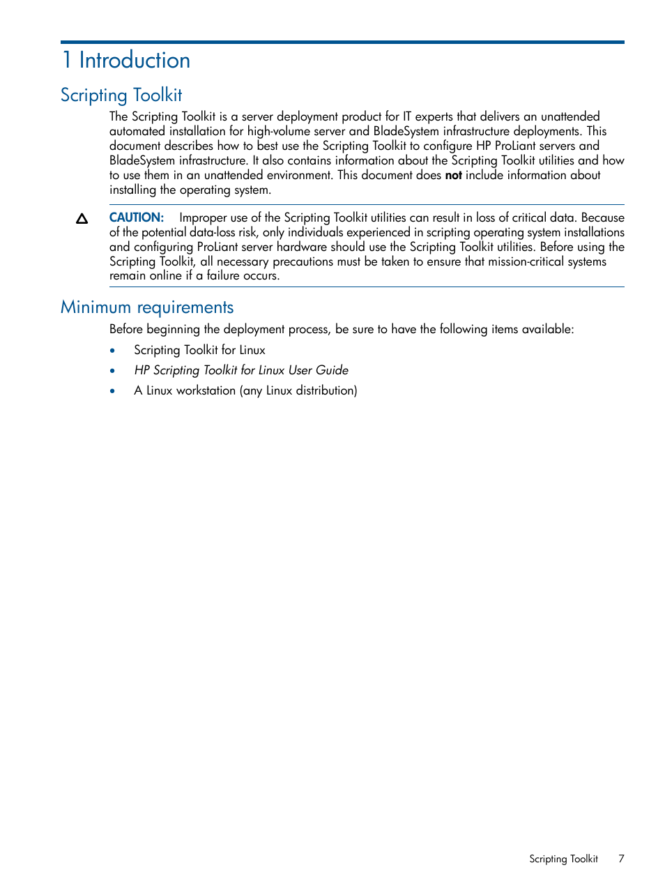 1 introduction, Scripting toolkit, Minimum requirements | Scripting toolkit minimum requirements | HP Intelligent Provisioning User Manual | Page 7 / 68