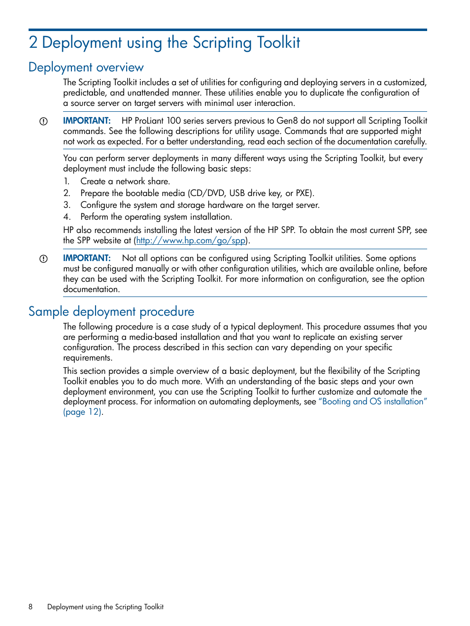 2 deployment using the scripting toolkit, Deployment overview, Sample deployment procedure | Deployment overview sample deployment procedure | HP Intelligent Provisioning User Manual | Page 8 / 68