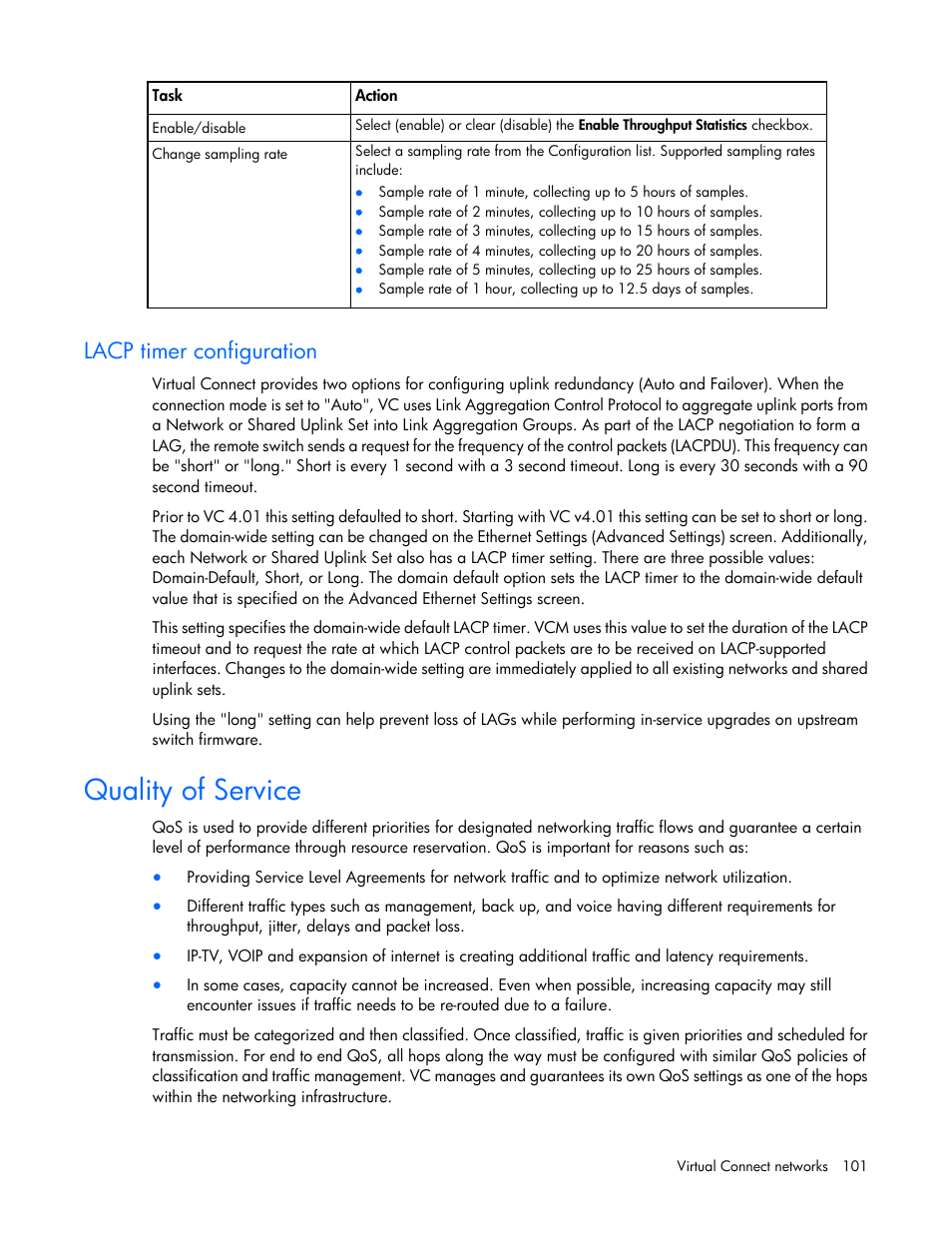 Lacp timer configuration, Quality of service | HP Virtual Connect Flex-10 10Gb Ethernet Module for c-Class BladeSystem User Manual | Page 101 / 290