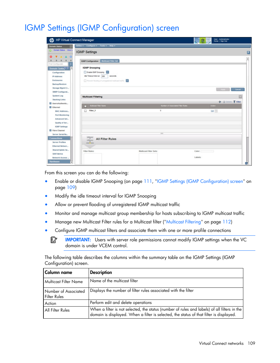 Igmp settings (igmp configuration) screen | HP Virtual Connect Flex-10 10Gb Ethernet Module for c-Class BladeSystem User Manual | Page 109 / 290