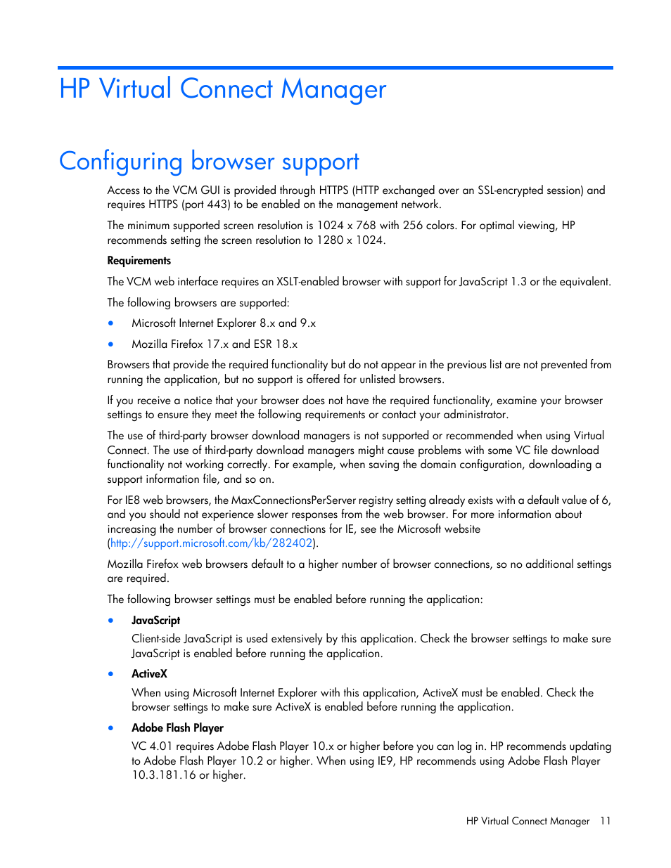 Hp virtual connect manager, Configuring browser support | HP Virtual Connect Flex-10 10Gb Ethernet Module for c-Class BladeSystem User Manual | Page 11 / 290