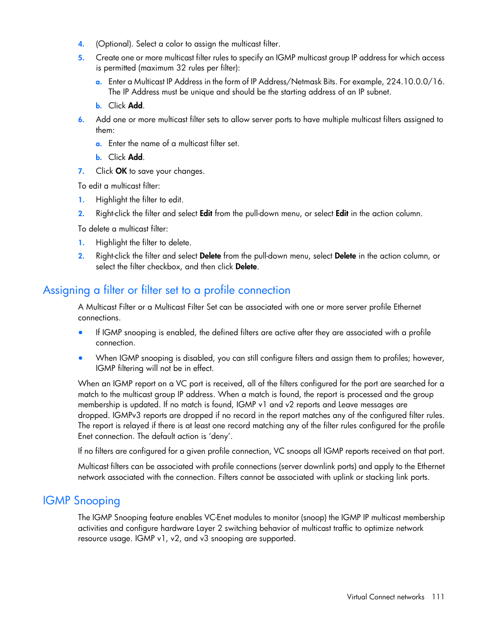 Igmp snooping, Igmp, Snooping | HP Virtual Connect Flex-10 10Gb Ethernet Module for c-Class BladeSystem User Manual | Page 111 / 290