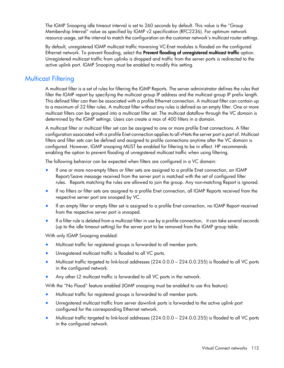 Multicast filtering | HP Virtual Connect Flex-10 10Gb Ethernet Module for c-Class BladeSystem User Manual | Page 112 / 290