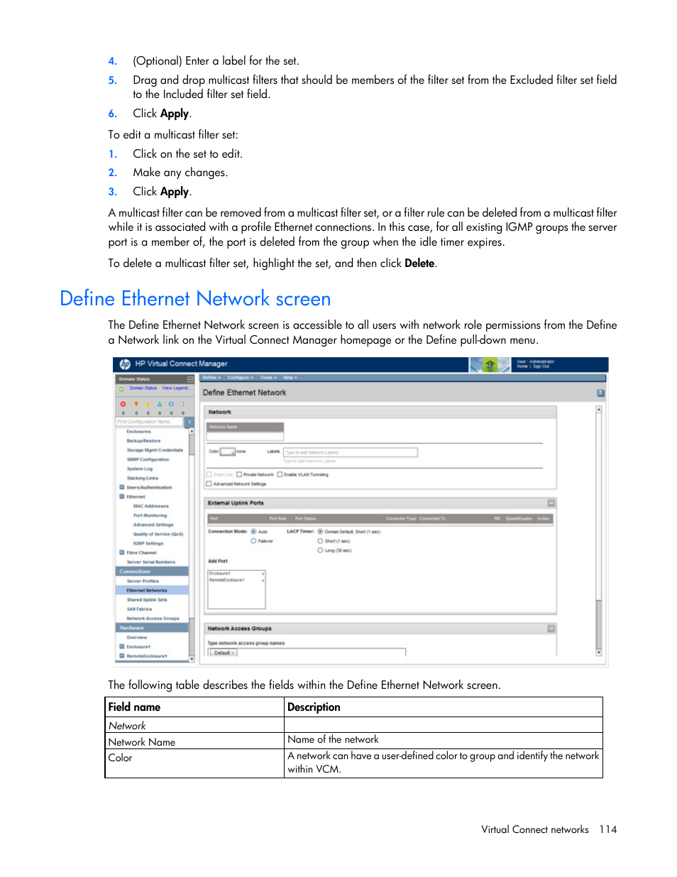 Define ethernet network screen | HP Virtual Connect Flex-10 10Gb Ethernet Module for c-Class BladeSystem User Manual | Page 114 / 290