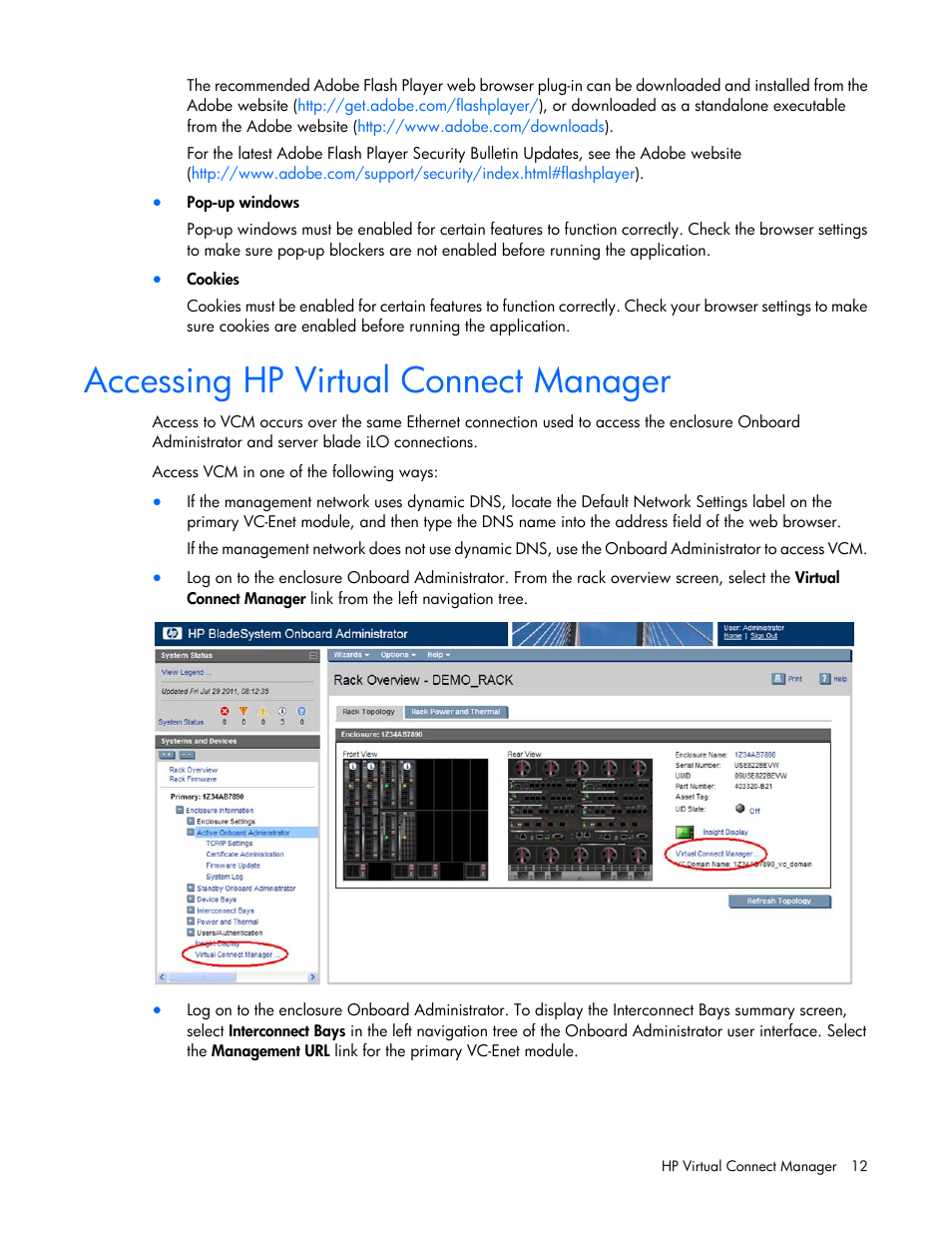 Accessing hp virtual connect manager | HP Virtual Connect Flex-10 10Gb Ethernet Module for c-Class BladeSystem User Manual | Page 12 / 290