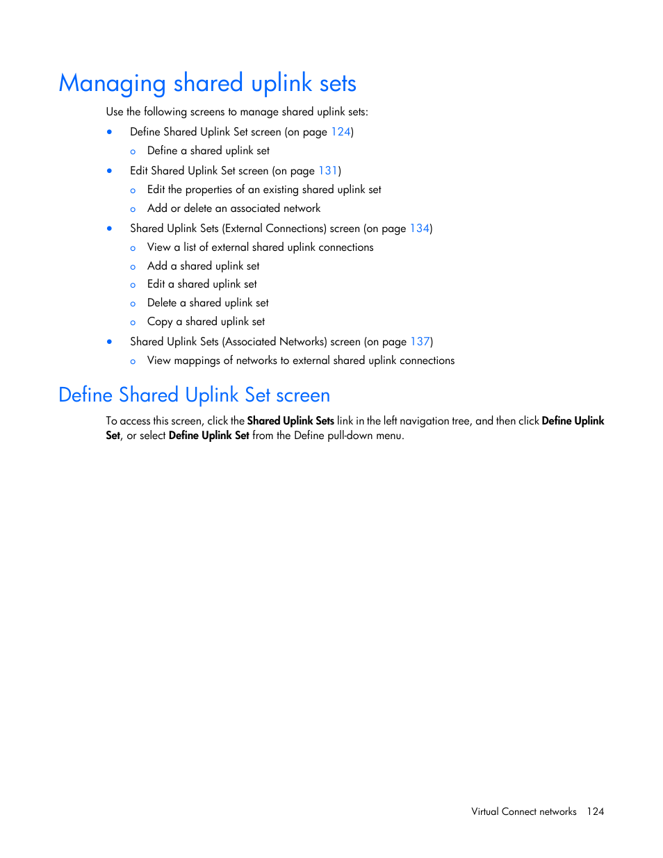 Managing shared uplink sets, Define shared uplink set screen | HP Virtual Connect Flex-10 10Gb Ethernet Module for c-Class BladeSystem User Manual | Page 124 / 290